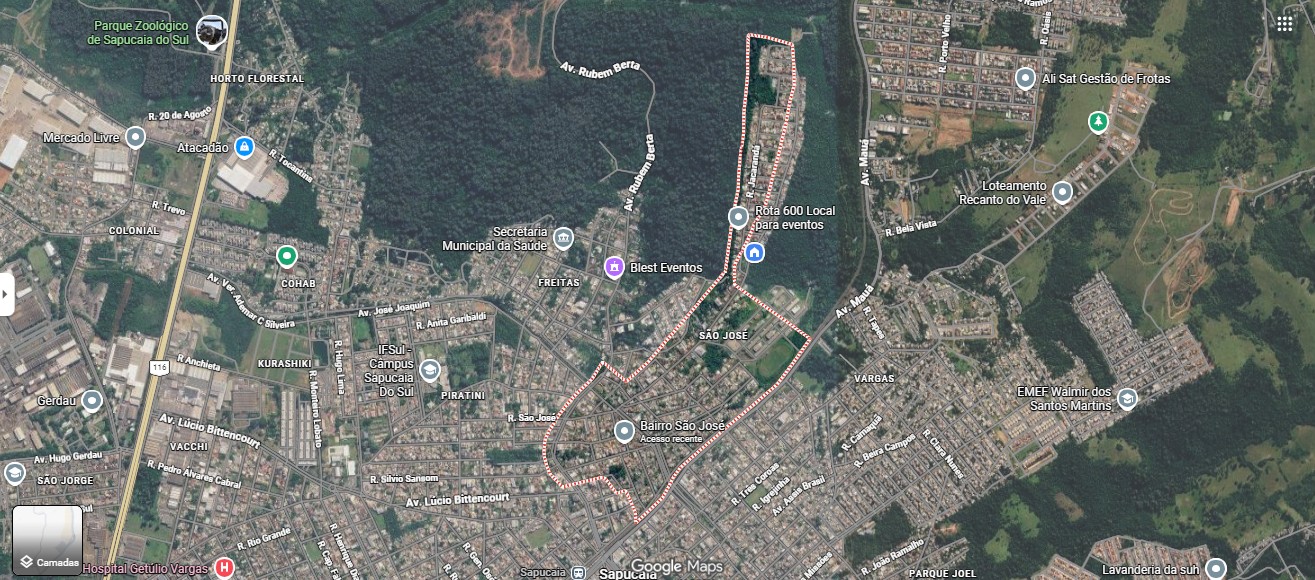 Mapa esquemático do bairro São José com marcação das hortas ativas, em preparação e potenciais.